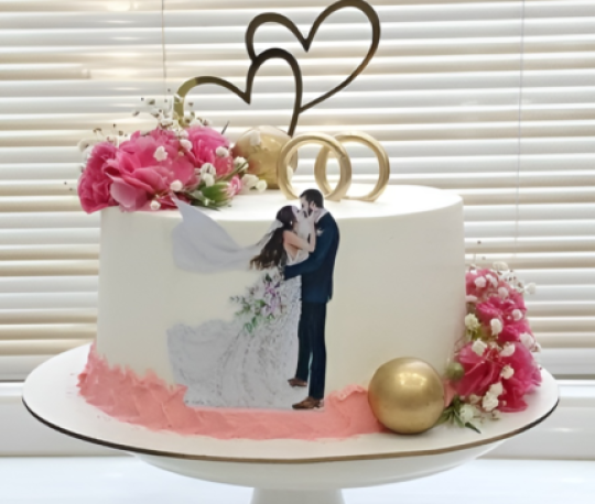 Bánh kem cưới một tầng in hình cô dâu chú rể